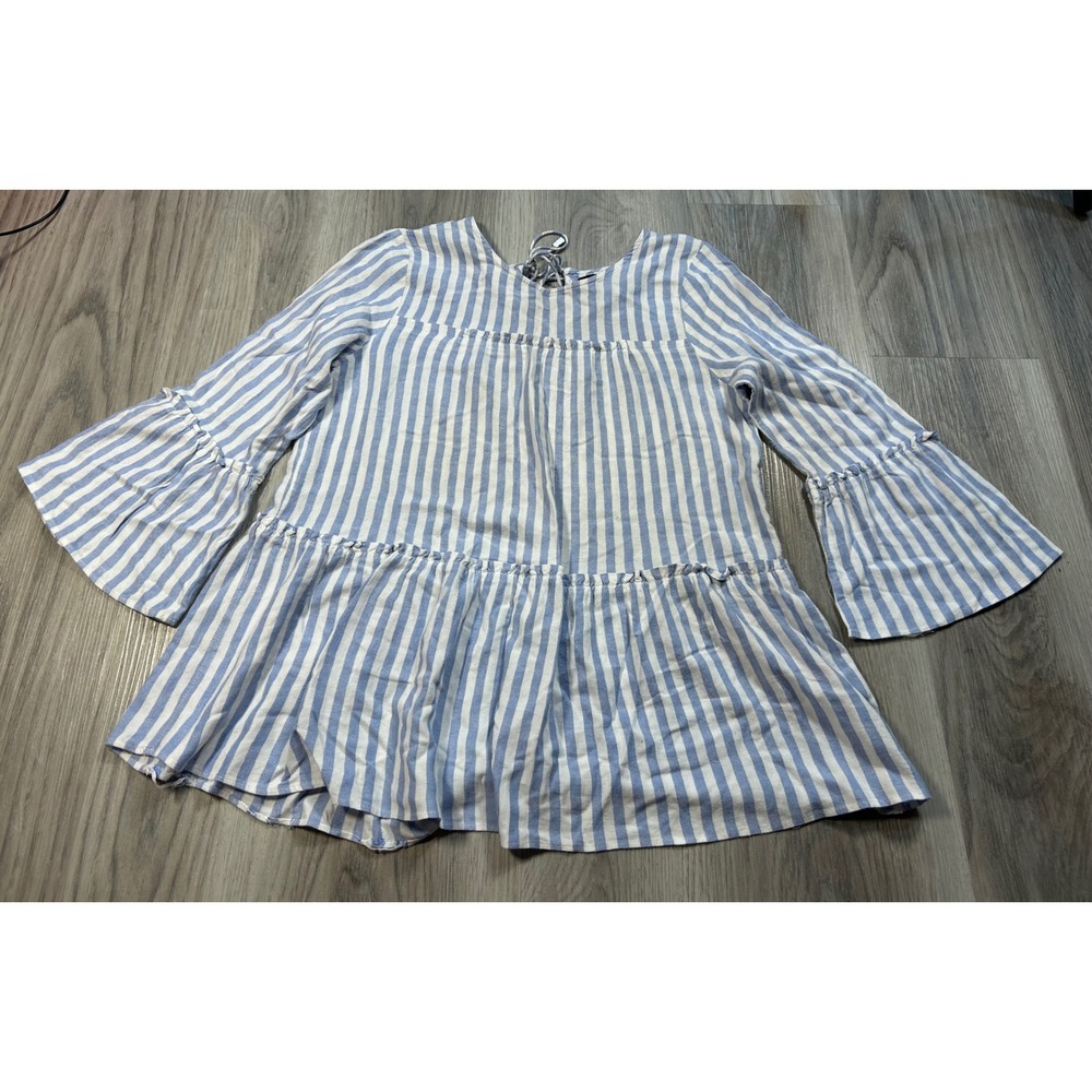 Frazzle Blue White Stripe Tiered Ruffle Bell Sleeve Tunic‎ Top Women's M soft